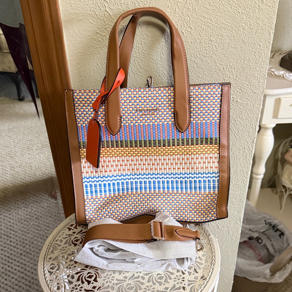kate spade Multicolor Woven Stripe Tote with Brown Trim and Orange Tag